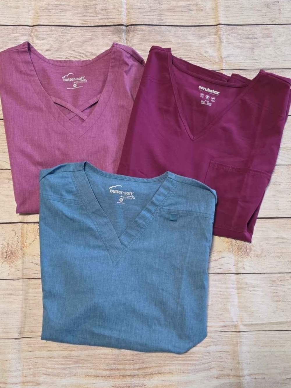 Set of 3 Medical Scrub Tops - Berry, Plum & Steel Blue SIZE XL